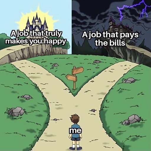 two paths one leading to happy castle one to evil castle meme. evil path labeled A job that pays the bills. the happy path labeled A job that makes you happy.