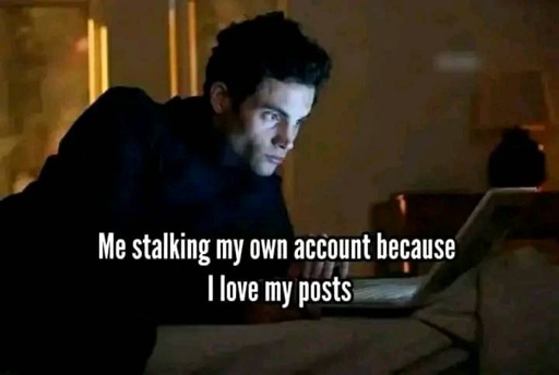 me stalking my own account because I love my posts. depicted is the crazy guy from "you" on a PC